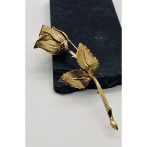 Giovanni Signed Vintage Rose Stem Brooch Pin 2.75" Goldtone 1960s